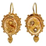 14K. Yellow gold antique Dutch regional costume earrings with graceful cannetille work.