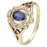 14K. Yellow gold vintage ring set with approx. 0.23 ct. diamond and approx. 0.73 ct. synthetic sapph