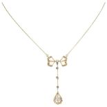 Antique 14K. yellow gold necklace with bow-shaped pendant set with rose-cut diamonds.