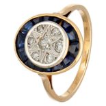 14K. Yellow gold Art Deco ring set with approx. 0.11 ct. diamond and synthetic sapphire.