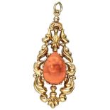 Antique 19th century 18K. yellow gold repoussé pendant with a red coral cameo.