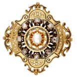 Antique 14K. yellow gold brooch set with diamonds, a baroque pearl and black enamel.