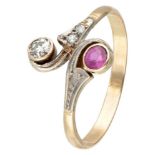 Antique BLA 10K. bicolor gold toi et moi ring set with approx. 0.12 ct. diamond and synthetic ruby.