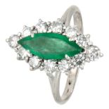 Vintage 18K. white gold marquise entourage ring set with approx. 0.77 ct. natural emerald and approx