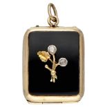 Antique BLA 10K. rose gold mourning locket pendant with rose cut diamonds set on onyx.