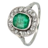 Antique 18K. white gold entourage ring set with approx. 1.10 ct. natural emerald and rose cut diamon