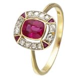 14K. Yellow gold Art Deco ring set with diamond and synthetic ruby.