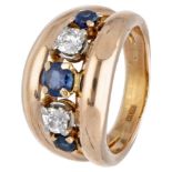 Vintage 18K. rose gold ring set with approx. 0.58 ct. diamond and approx. 1.06 ct. natural sapphire.