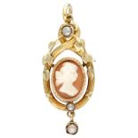 Antique 18K. yellow gold pendant set with a cameo and seed pearls.