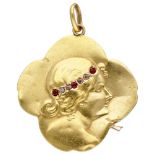 18K. Yellow gold Art Nouveau four-leaf clover pendant with an elegant lady in profile.