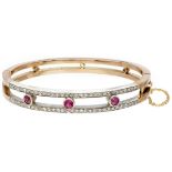 Antique 18K. rose gold bangle bracelet set with diamond and synthetic ruby.