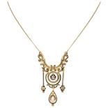 Antique 18K. yellow gold necklace set with diamonds, a baroque pearl and black enamel.
