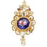 Vintage 18K. yellow gold brooch / pendant with enamel, ruby and pearl.