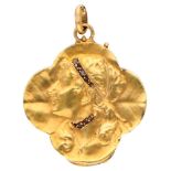 14K. Yellow gold Art Nouveau four-leaf clover medallion pendant with an elegant lady.