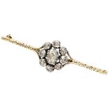 Vintage 14K. yellow gold chased bar cluster brooch set with diamond.