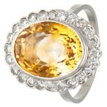 Pt 900 platinum cocktail ring set with approx. 0.71 ct. diamond and approx. 9.99 ct. natural citrine