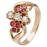 14K. Rose gold antique ring set with diamond, pearls and garnet-topped doublets.