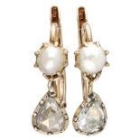 Antique 14K. rose gold earrings set with rose cut diamond and pearl.