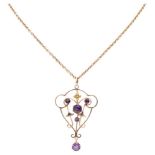 BLA 10K. rose gold Art Nouveau necklace with pendant set with approx. 1.20 ct. amethyst.