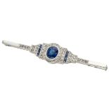18K. White gold Art Deco brooch set with approx. 0.24 ct. diamond and approx. 1.16 ct. natural sapph