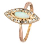 14K. Rose gold marquise ring set with approx. 0.38 ct. precious opal and rose cut diamonds.