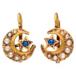 Antique 14K. yellow gold crescent with star earrings set with seed pearls and blue rhinestones.