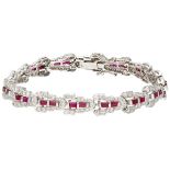 14K. White gold Art Deco bracelet set with approx. 1.36 ct. diamond and synthetic ruby.