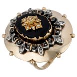 Vintage 14K. yellow gold cocktail ring set with diamond, seed pearl and onyx.