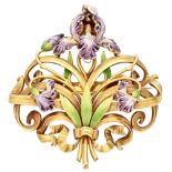 18K. Yellow gold French Art Nouveau brooch with enamelled lilies, unclearly signed.