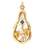 18K. Yellow gold Art Nouveau pendant set with rhinestone and seed pearl.
