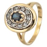Vintage 18K. yellow gold cluster ring set with diamond and a natural sapphire.