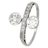 Art Deco 14K. white gold toi et moi ring set with approx. 1.00 ct. diamond.