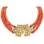 Three-row red coral necklace from Zuid-Beveland with a 14K. yellow gold filigree 'kraalhaak' closure