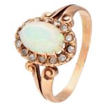 Antique 14K. rose gold cluster ring set with approx. 0.78 ct. opal and diamond.