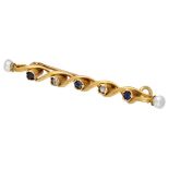 Antique 14K. yellow gold brooch set with sapphire and diamond.