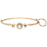 Antique 14K. yellow gold bangle bracelet set with diamond, pearl and natural ruby.