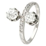 Antique 900 platinum toi et moi ring set with approx. 1.08 ct. diamond.