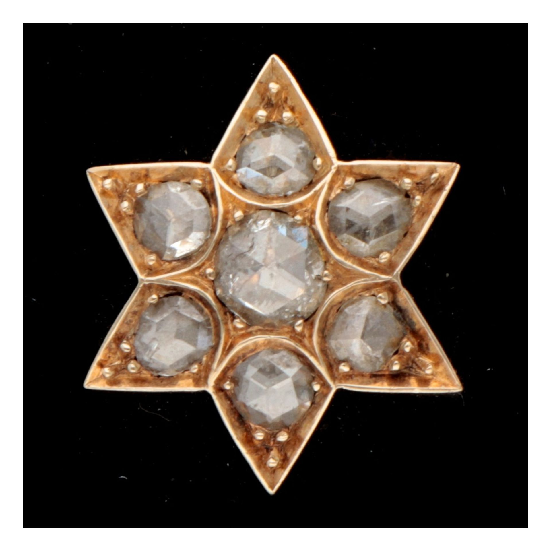 14K. Rose gold brooch with rose cut diamonds set on a black plaque. - Image 2 of 3