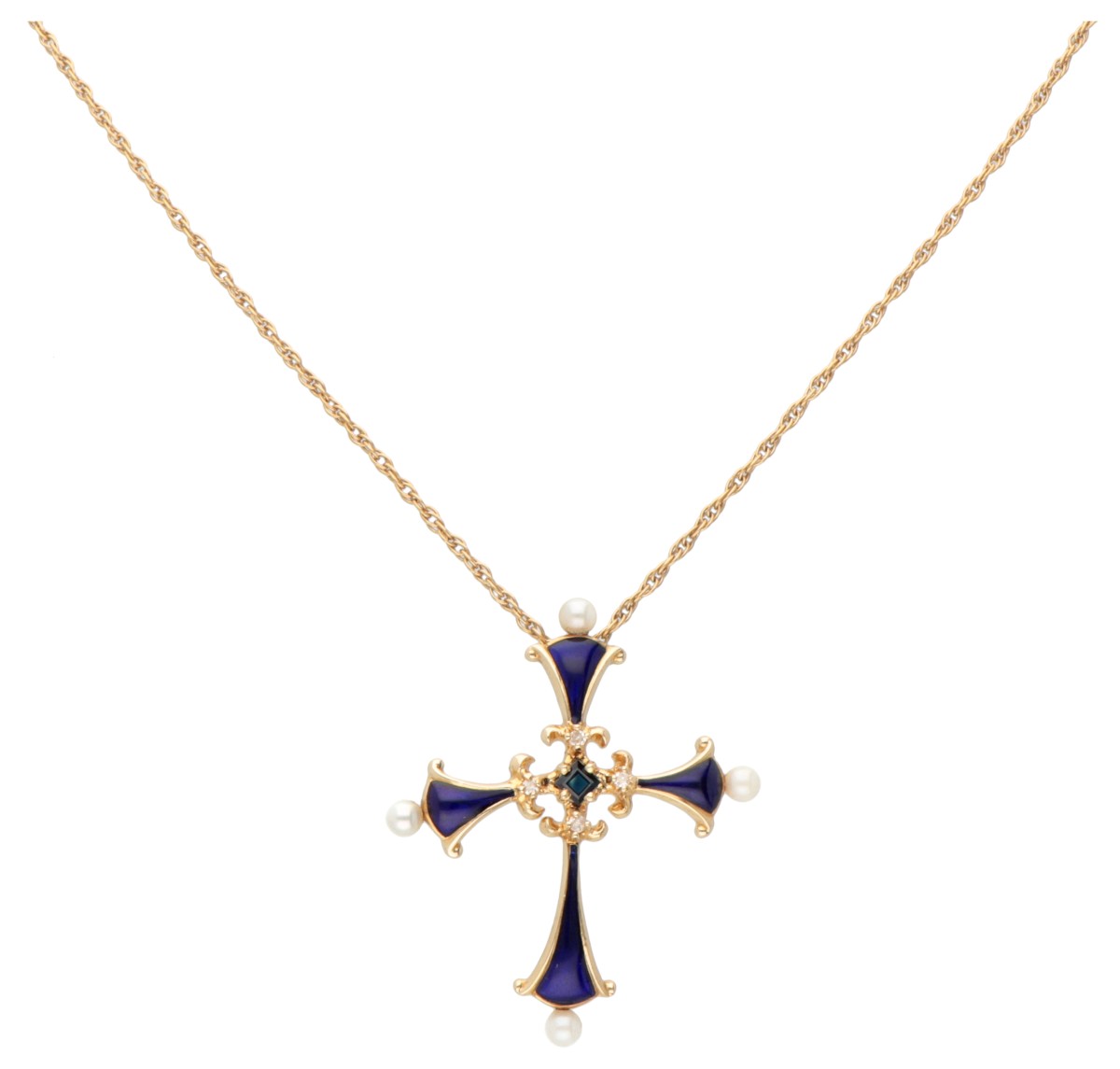 18K. Yellow gold necklace with 'The Sapphire Midnight Cross' of the House of Igor Carl Fabergé set w