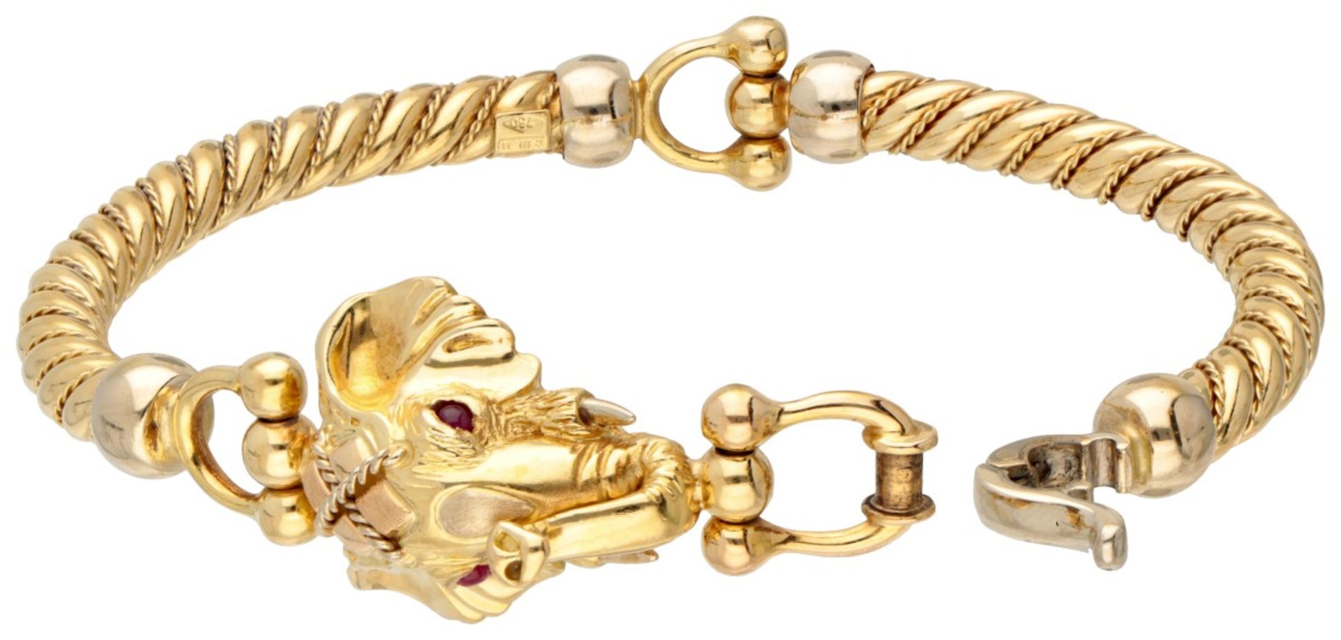 Vintage 18K. yellow gold bangle bracelet depicting an elephant head set with rubies. - Image 2 of 5