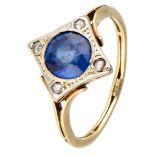 Antique 18K. yellow gold ring set with approx. 1.56 ct. synthetic sapphire and diamond.