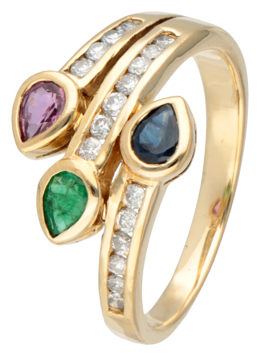 18K. Yellow gold ring set with approx. 0.17 ct. diamond and natural ruby, sapphire and emerald.