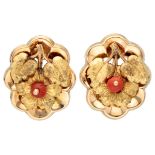 14K. Yellow gold earrings with floral depiction set with red coral.