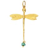 Vintage 18K. yellow gold pendant depicting a dragonfly set with a turquoise.