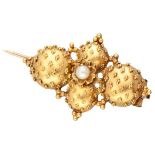 Antique 14K. yellow gold brooch with granules and a white pearl.