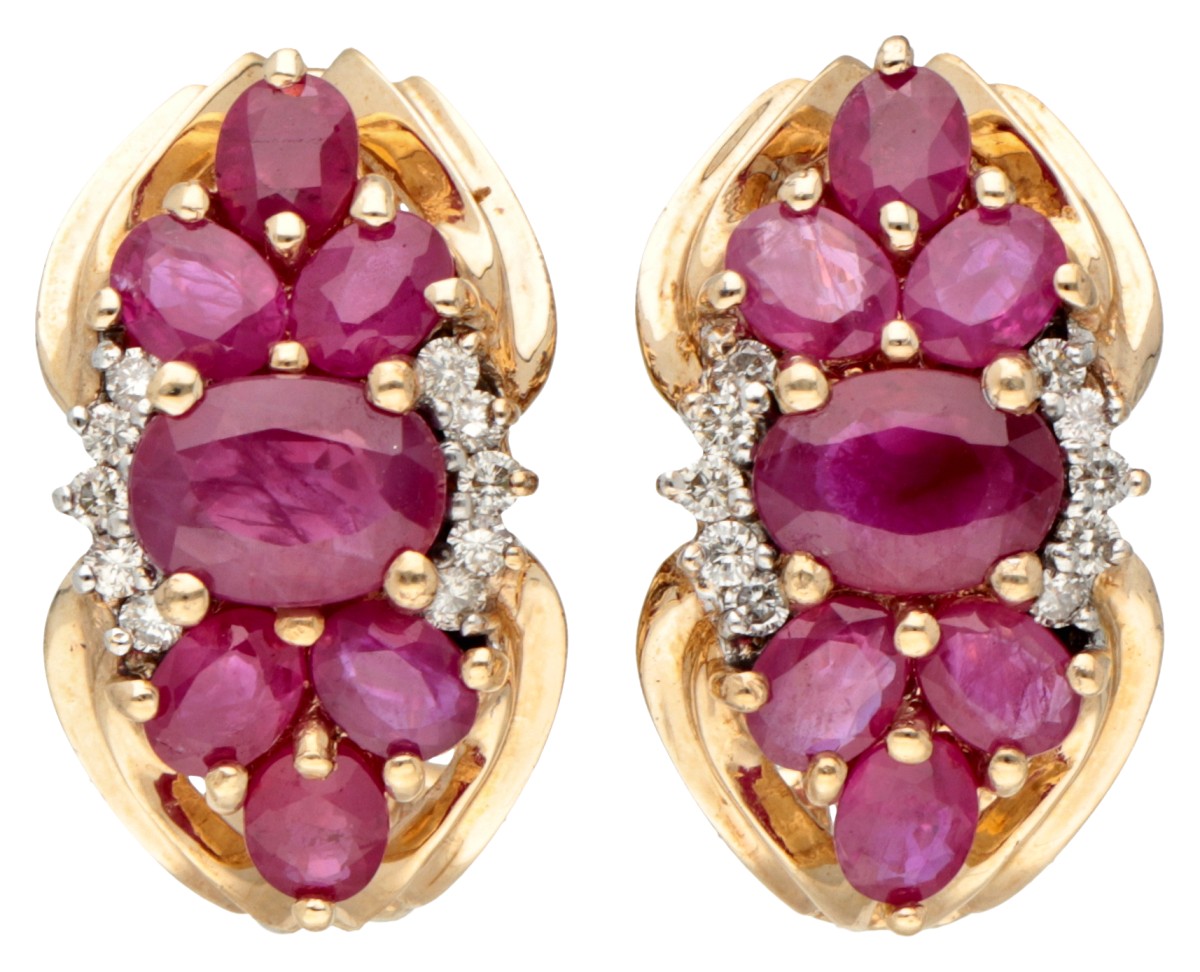 Vintage 14K. yellow gold earrings set with approx. 3.10 ct. ruby ​​and approx. 0.20 ct. diamond.