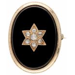 14K. Rose gold brooch with rose cut diamonds set on a black plaque.