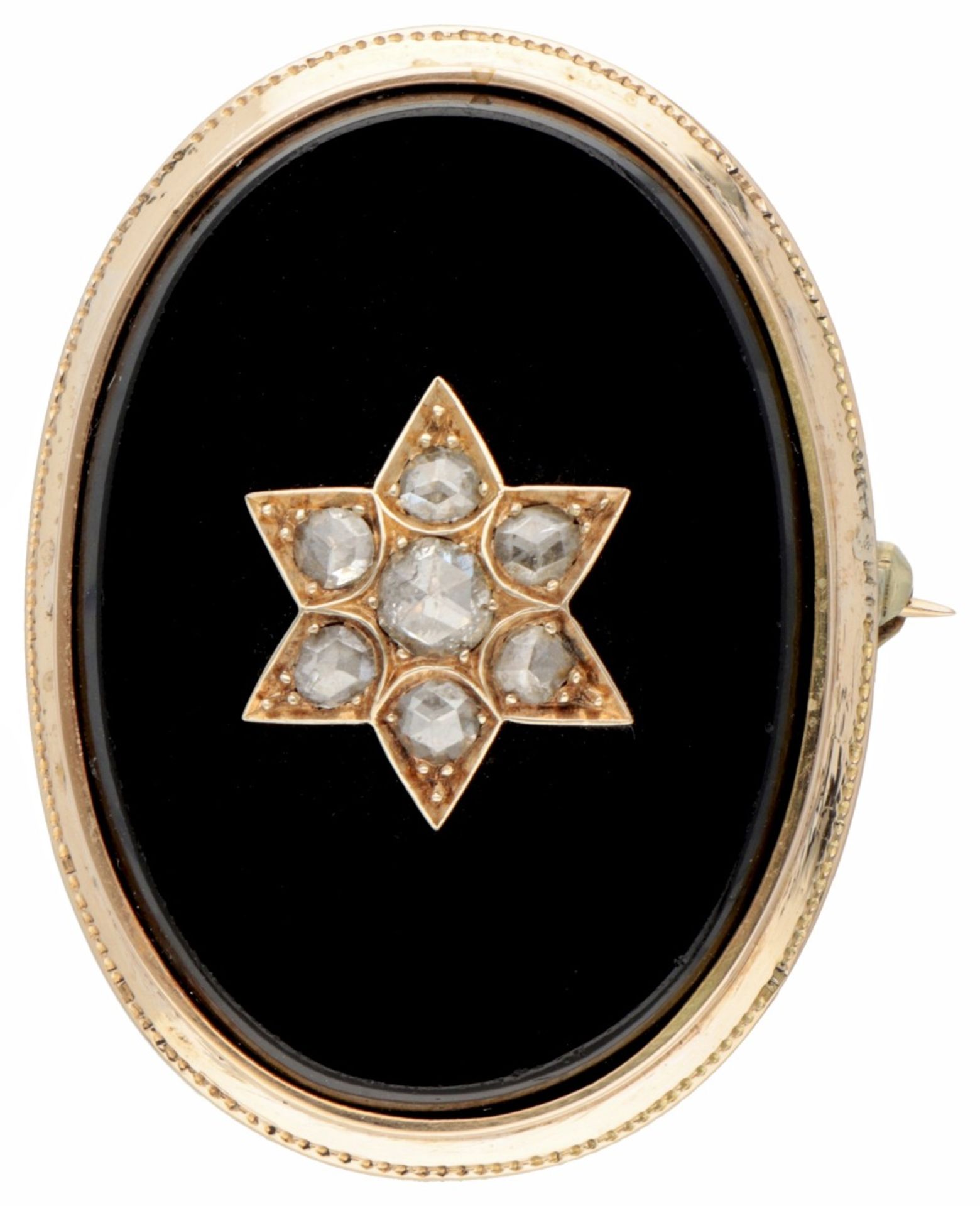 14K. Rose gold brooch with rose cut diamonds set on a black plaque.