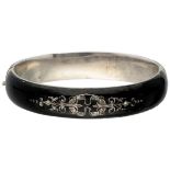 Antique 800 silver Victorian mourning bangle bracelet with black enamel and seed pearls.