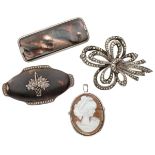 Lot of four silver vintage brooches, among others set with marcasite and mother-of-pearl.